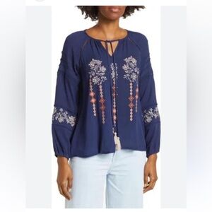 Anthropologie Blue Embellished Tie Front Blouse